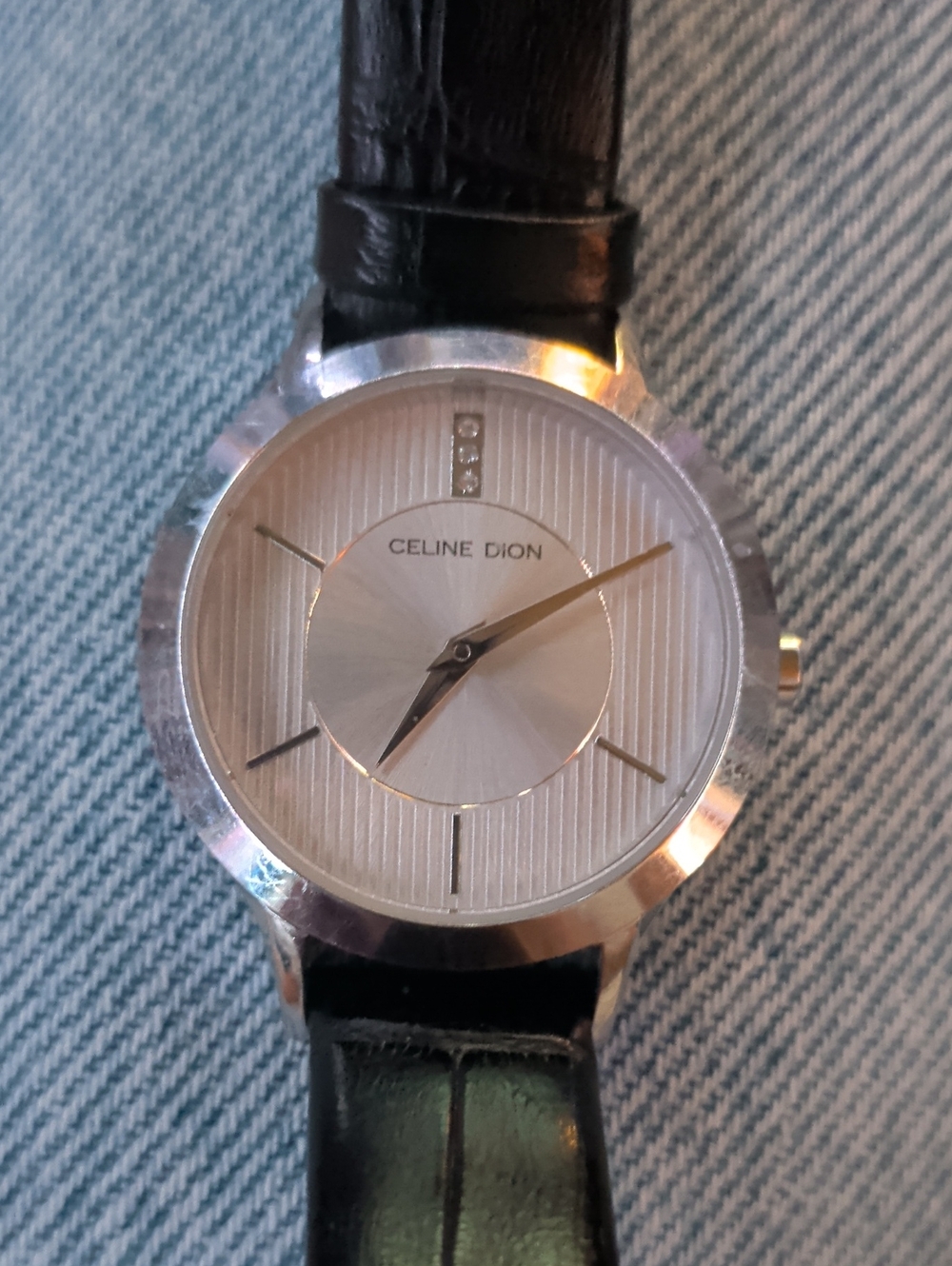 Celine Silver Dial Watch with Real Black Leather Strap
